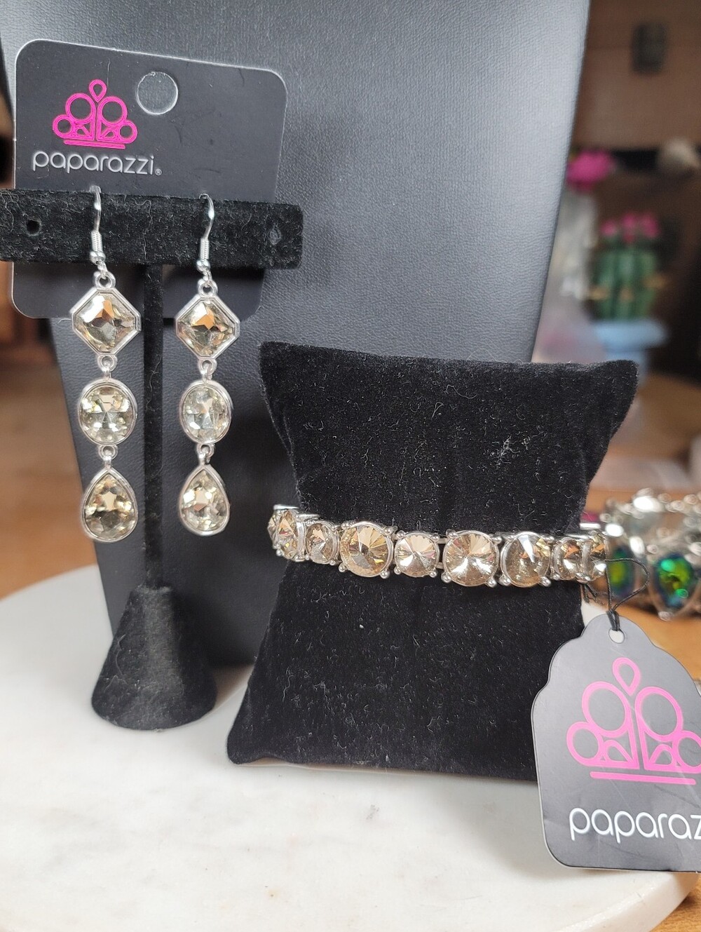 paparazzi Silver-Tone Champagne Crystal Drop Earrings with Matching Bracelet